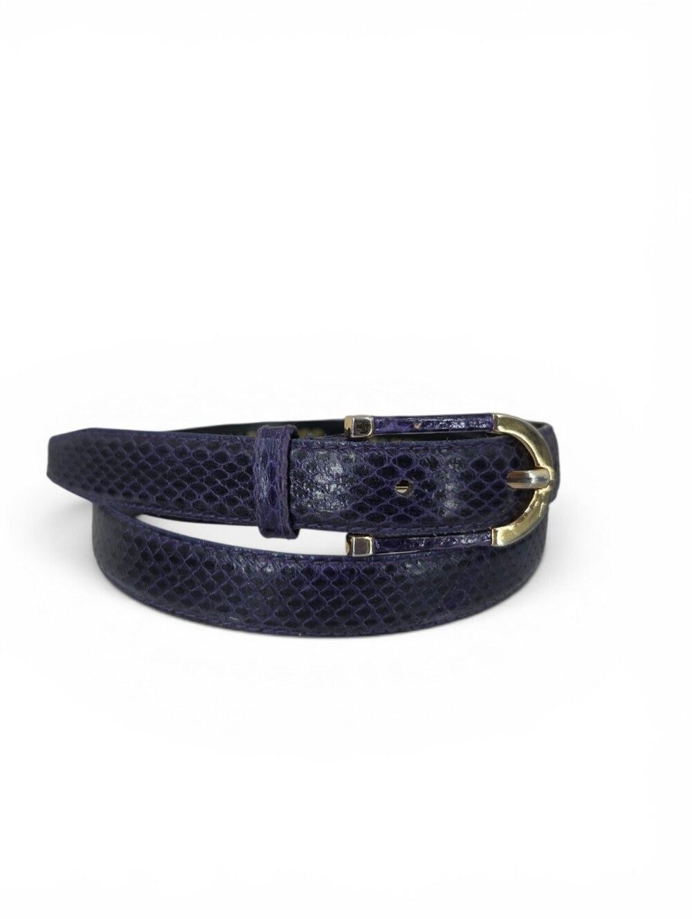 Vintage Snakeskin Leather Slender Purple Belt with Gold Tone Buckle 80s